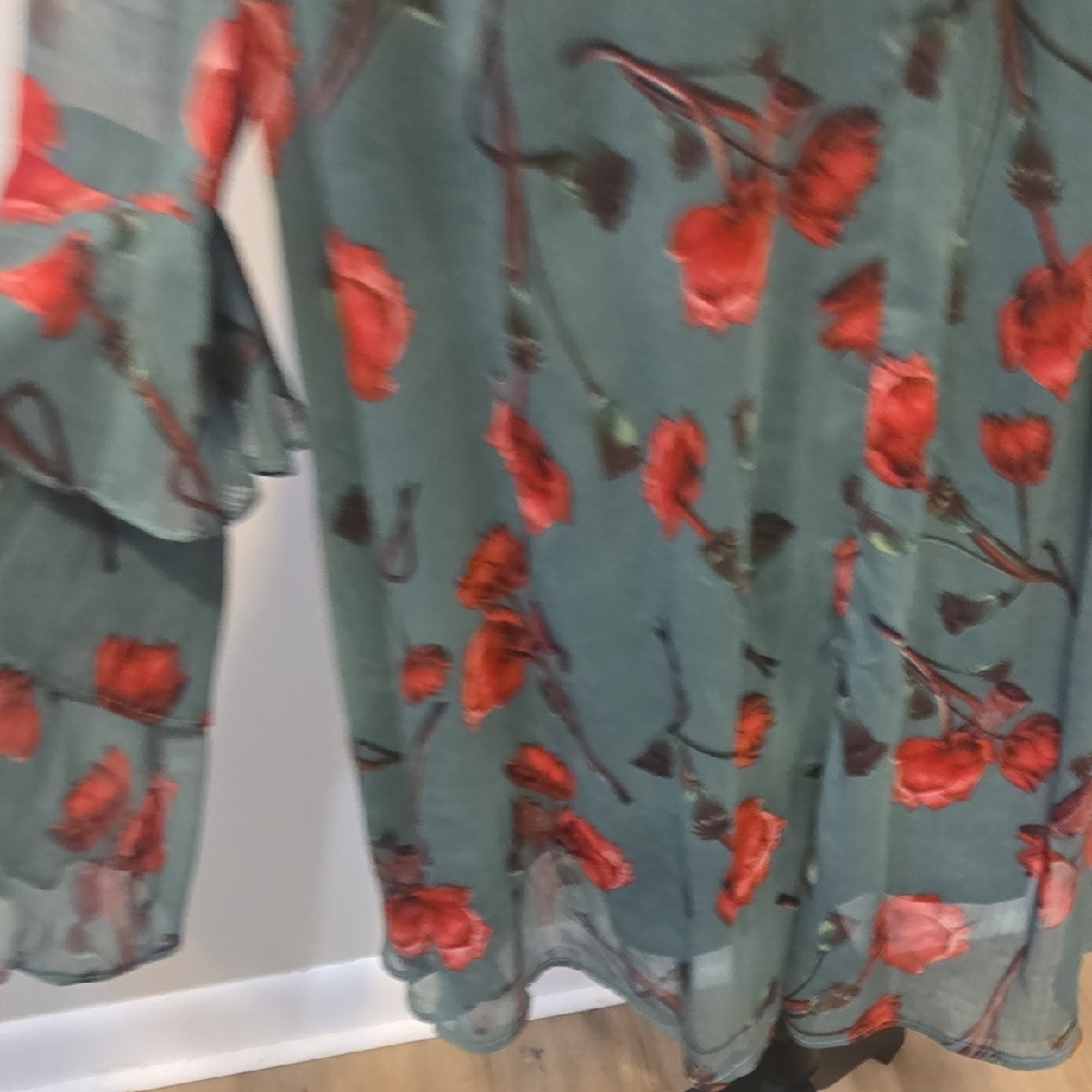 Umgee Red and Green Asymmetrical Bell Sleeve Mini Dress - Picture 5 of 10